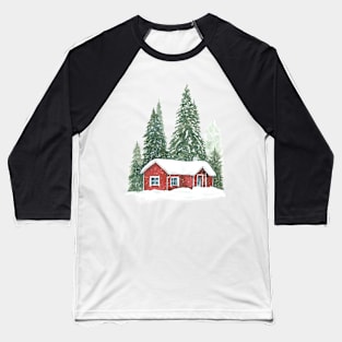 Christmas winter trees with red house. Baseball T-Shirt